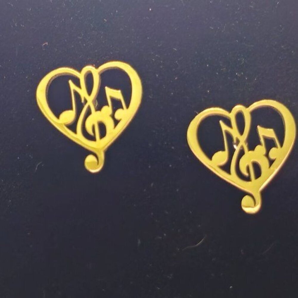 Stainless Steel Heart Shape Earrings with Music‎ Symbols (Gold, NWOT)